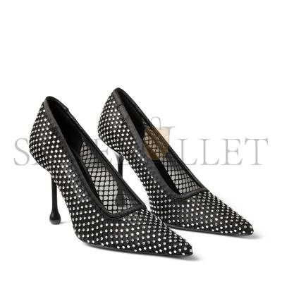JIMMY CHOO IXIA 95 BLACK SATIN CRYSTAL MESH PUMPS IXIA95QHS